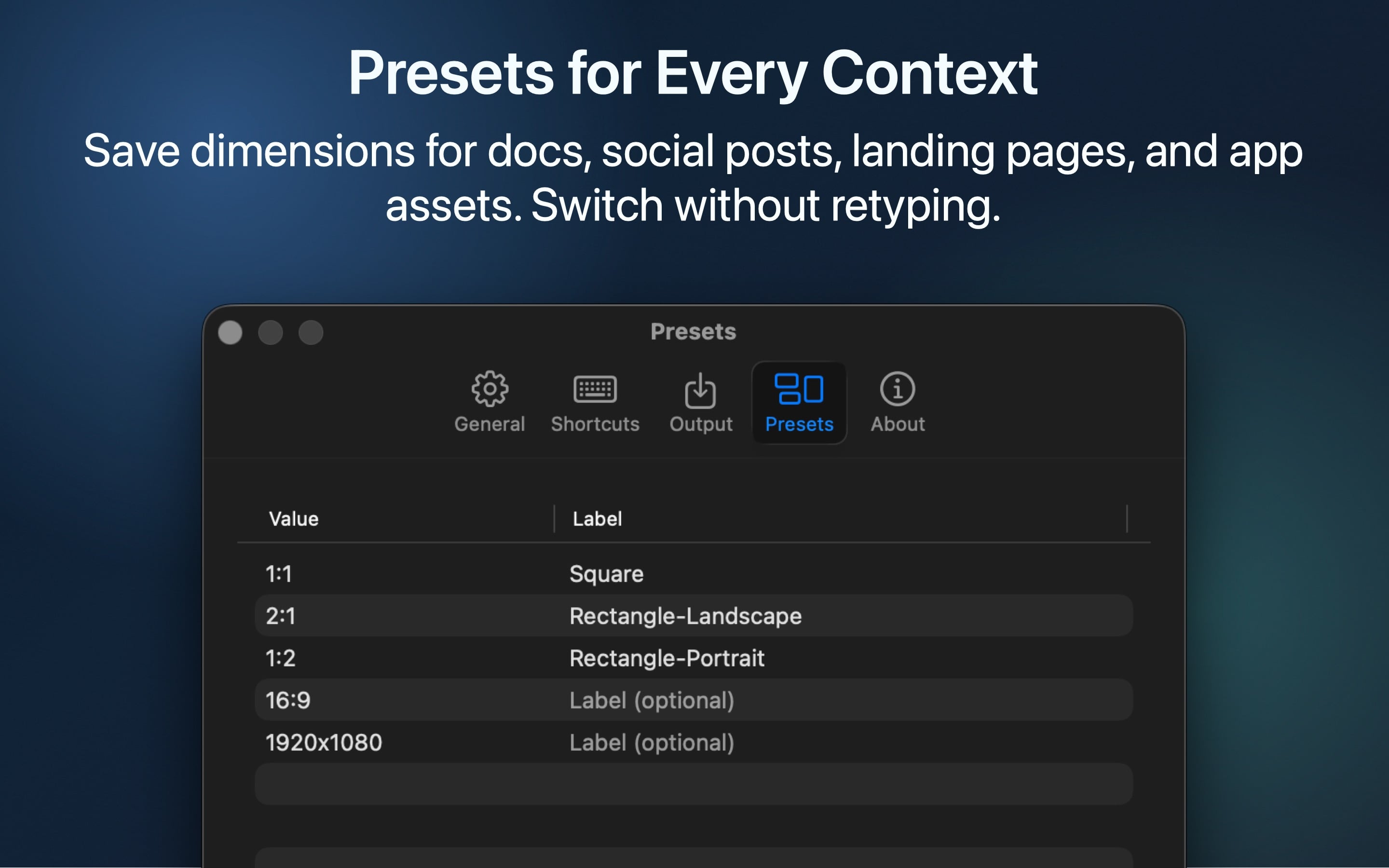 Framéd presets for repeatable screenshot sizes